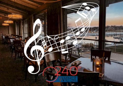 A dining area with musical notes and a treble clef, overlooking a waterfront view at sunset. Text reads 