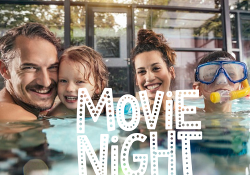 A family in a pool smiles at the camera; text reads 