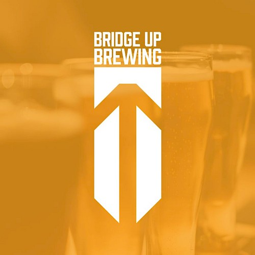 A blurred orange background with beer glasses and a white Bridge Up Brewing logo in the center, top text reads “BRIDGE UP BREWING” ending with a period.