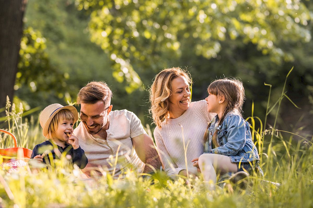 A family is having a picnic outdoors, sitting on the grass, laughing, and enjoying their time together in a sunny park.