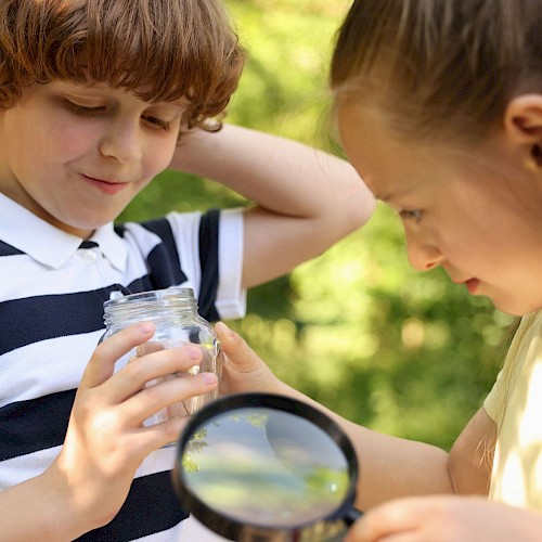 A boy and girl are exploring something in a jar outdoors, using a magnifying glass, amid lush greenery.