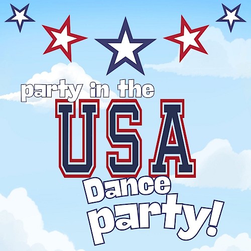 A patriotic-themed poster with stars and clouds, promoting a dance party in the USA.