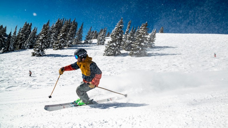A skier in colorful gear glides downhill on a snowy mountain with pine trees and other skiers in the background under a bright blue sky.