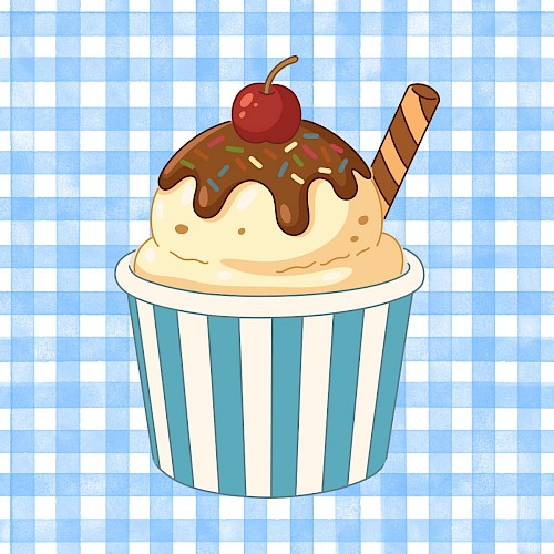 A cute digital illustration of a soft serve ice cream in a blue-striped cup topped with chocolate, sprinkles, a cherry, and a wafer stick.