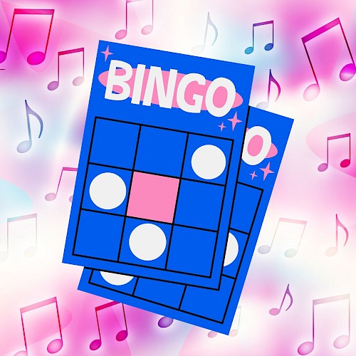 Colorful bingo cards with music notes in the background, suggesting a fun musical-themed bingo game.