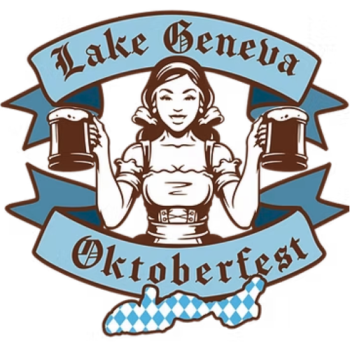 A woman holding beer mugs in front of a banner that says “Lake Geneva Oktoberfest,” with a map of Bavaria at the bottom.