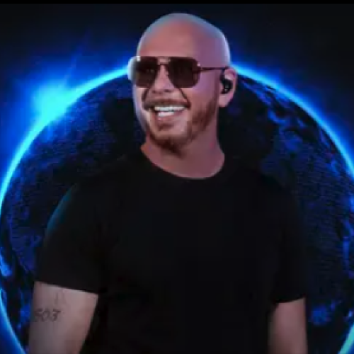 A smiling man in sunglasses stands in front of a glowing, digitally rendered Earth with a dark background, creating a cool, cosmic vibe.