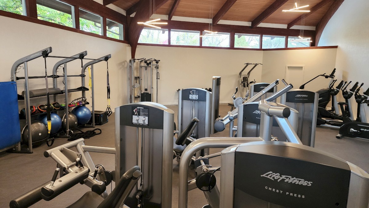 This image shows a gym with exercise machines, weights, kettlebells, and cardio equipment in a room with high ceilings and natural light.