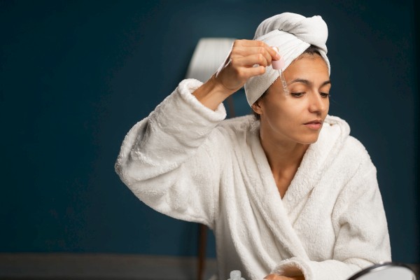 A woman in a white bathrobe and towel on her head is applying facial serum in a cozy room.