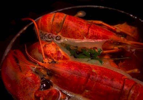 The image shows a dish with cooked lobsters in a sauce, garnished with herbs and served in a bowl.