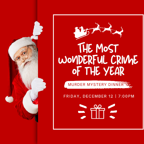 Santa peeking out from a red background, with text about a 