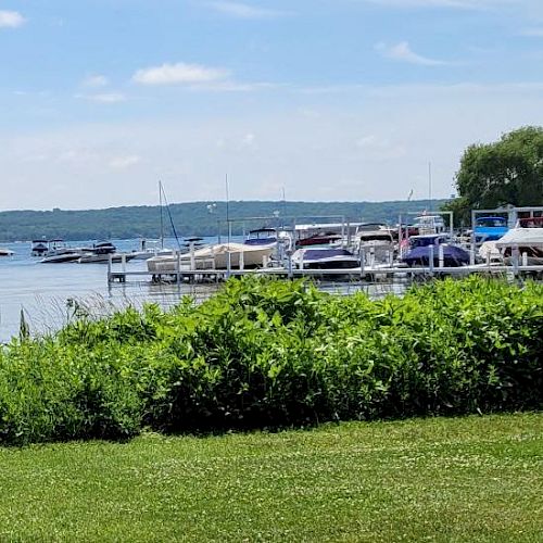 A scene of a lake with boats docked, green foliage in the foreground, clear skies, and a park bench on the right.