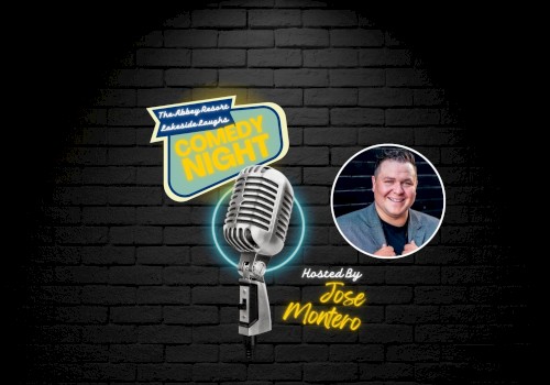 Comedy Night poster with a vintage microphone and a circular photo of a man. Hosted by Jose Montero, against a brick wall background.