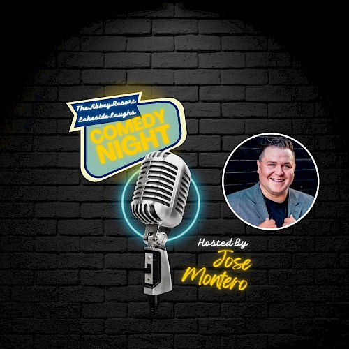 The image shows a comedy night poster with a microphone and a photo of the host. It features 