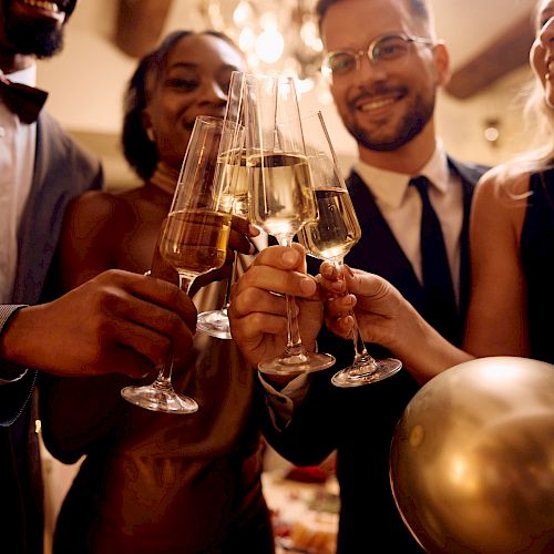 A group of people dressed elegantly are toasting with champagne glasses at a celebration, one person holding a gold balloon in their hand.