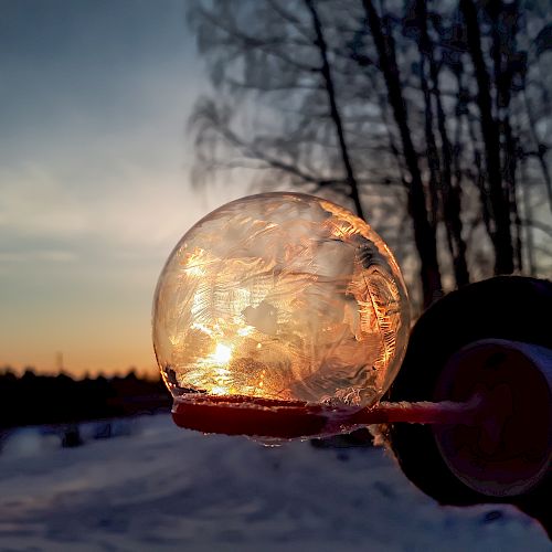 The image shows a frozen bubble on a wand, with a snowy landscape and trees in the background, illuminated by a sunset.