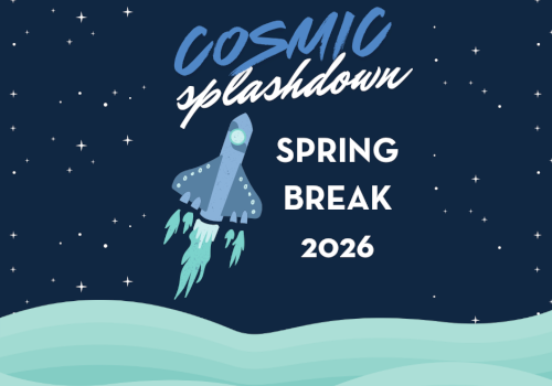 Cosmic splashdown: a rocket launching over wavy aqua seas with stars, announcing Spring Break 2026.