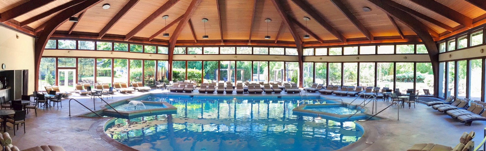 This image shows a spacious indoor pool area with a wooden ceiling, surrounded by lounge chairs and large windows offering a view of outdoor greenery.