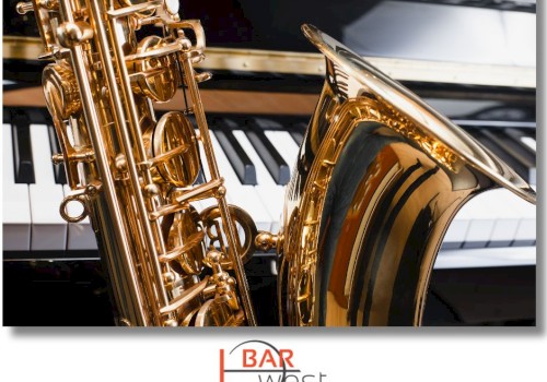 A saxophone and a piano keyboard are shown in the image, with a logo for 