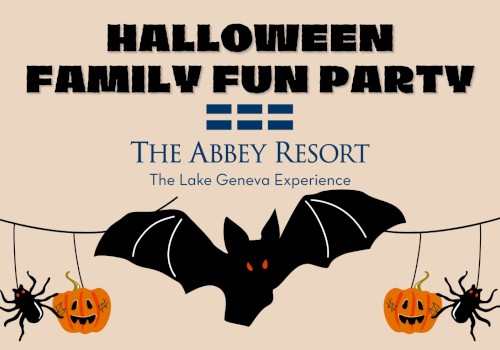 Halloween Family Fun Party invite with jack-o’-lanterns, bats, spiders, and web decorations from The Abbey Resort.