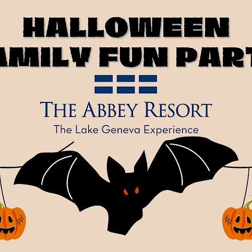 Halloween Family Fun Party invite with jack-o’-lanterns, bats, spiders, and web decorations from The Abbey Resort.