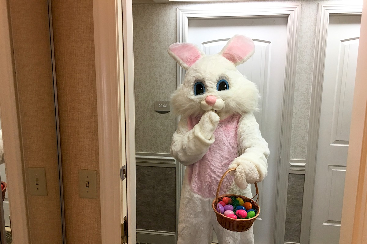 A person in a white bunny costume, holding a basket of colorful eggs, stands in a hallway with three closed doors.