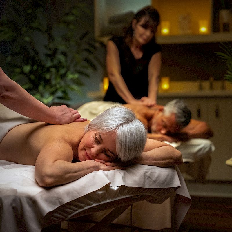 Two people receiving massages in a relaxing spa setting, with soft lighting and candles in the background, enjoying the treatment.