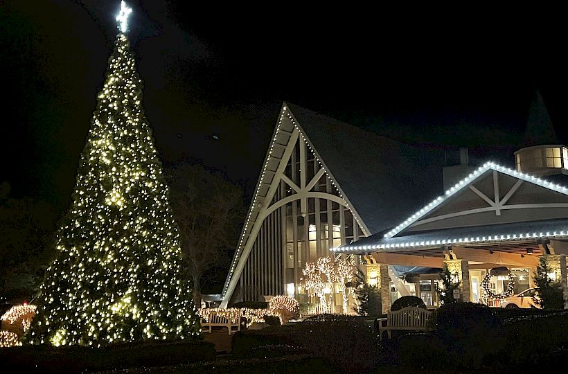 The image shows a brightly-lit Christmas tree next to a building adorned with holiday lights at night. The scene is festive and illuminated.