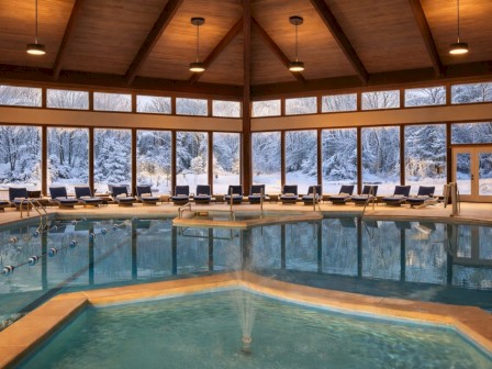 An indoor pool hall with a hexagonal pool, warm wooden ceiling, large windows, and many lounge chairs around the water.