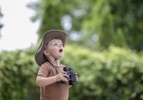 A young child with a wide-brimmed hat holds binoculars and looks upward in a park or forest, appearing curious and fascinated by something.