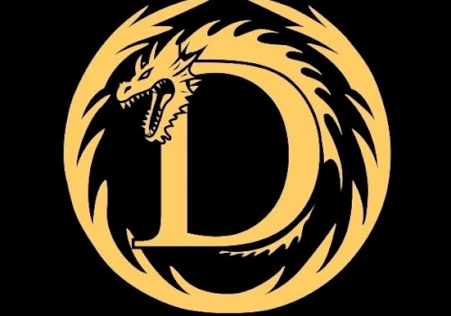 A stylized yellow dragon encircles the letter 