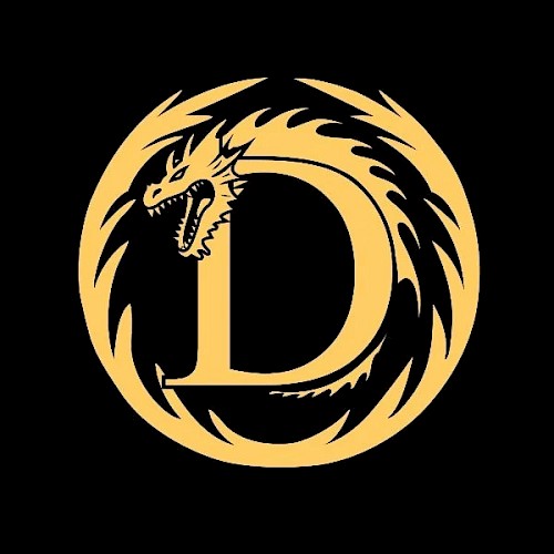 A stylized yellow dragon encircles the letter 