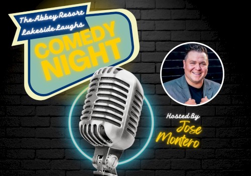 The image shows a Comedy Night event at The Abbey Resort, with a microphone and a photo of the host, Jose Montero.