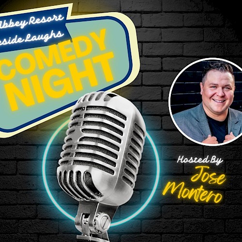 The image shows a Comedy Night event at The Abbey Resort, with a microphone and a photo of the host, Jose Montero.